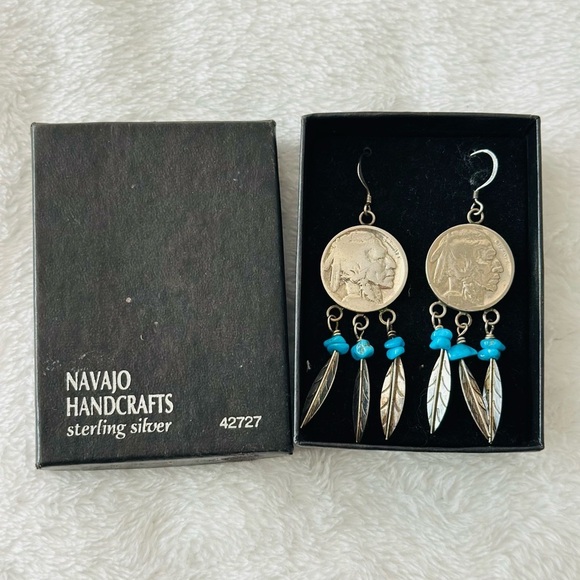 Navajo Handcrafts Sterling Silver Buffalo Nickel Turquoise Feather Earrings - Picture 1 of 2